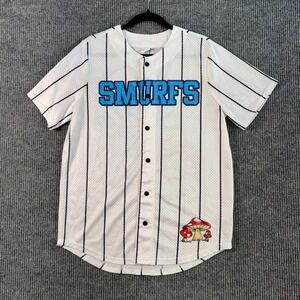 Smurfs Baseball Jersey Mens L Button Up Shirt White Pinstripe Cartoon Y2K Retro‎